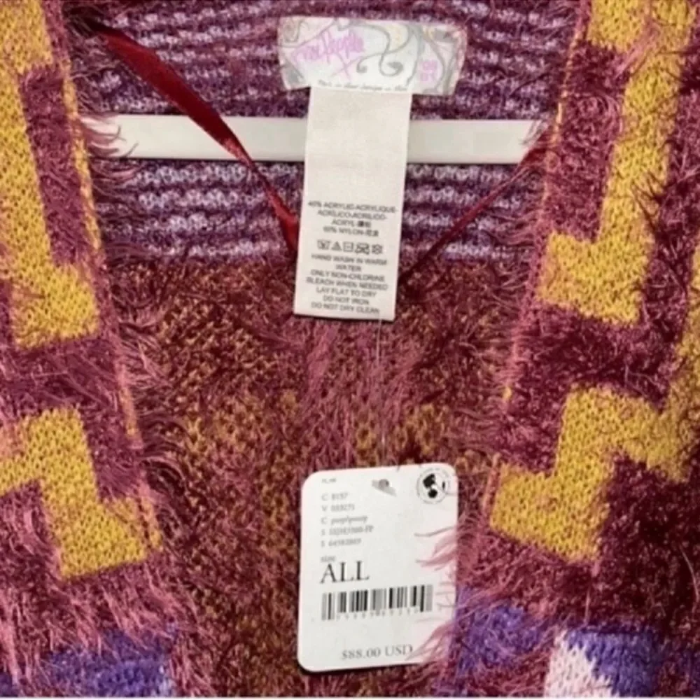 Free People Sweater Soft Knit Fringed Wine Gold Kimono (Size OS)